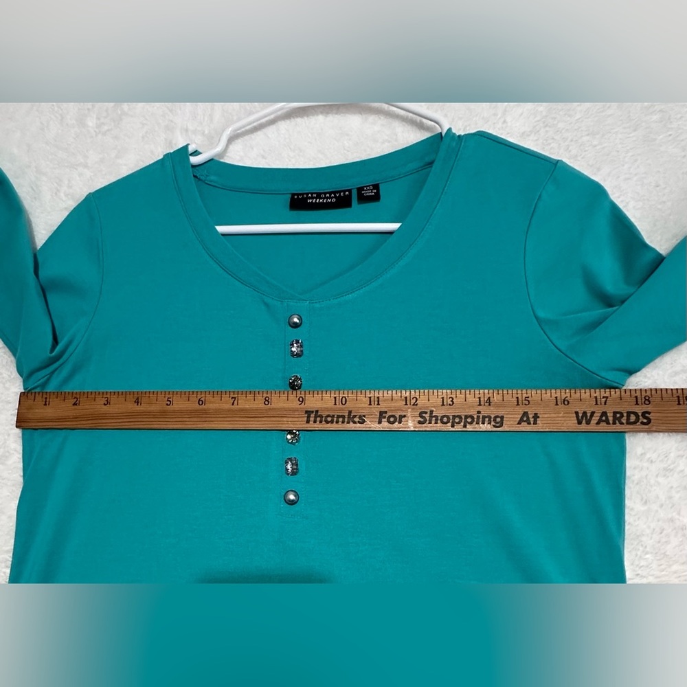 Susan Graver Brand Weekend Teal Henley Top 3/4 Sleeve Rhinestone Buttons XXS - Picture 6 of 8